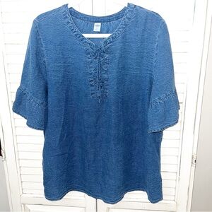 Old Navy Indigo Ruffle Sleeve Tie Front Blouse Large